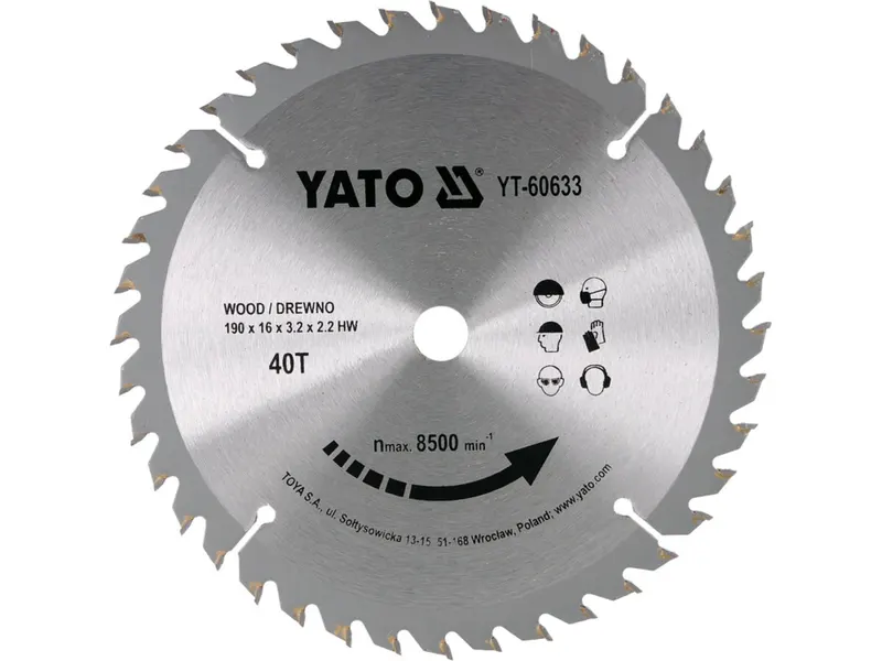 Диск победітовий по дереву YATO: 190х 16x 3.2x 2,2 мм, 40 зубів [10]