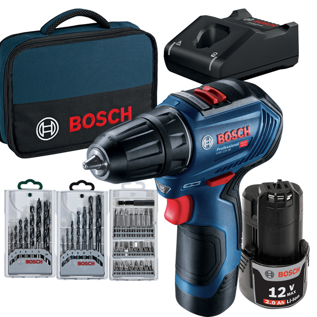 Акумуляторний дриль-шуруповерт Bosch GSR 12V-30 Professional та набором АС (39 шт.)