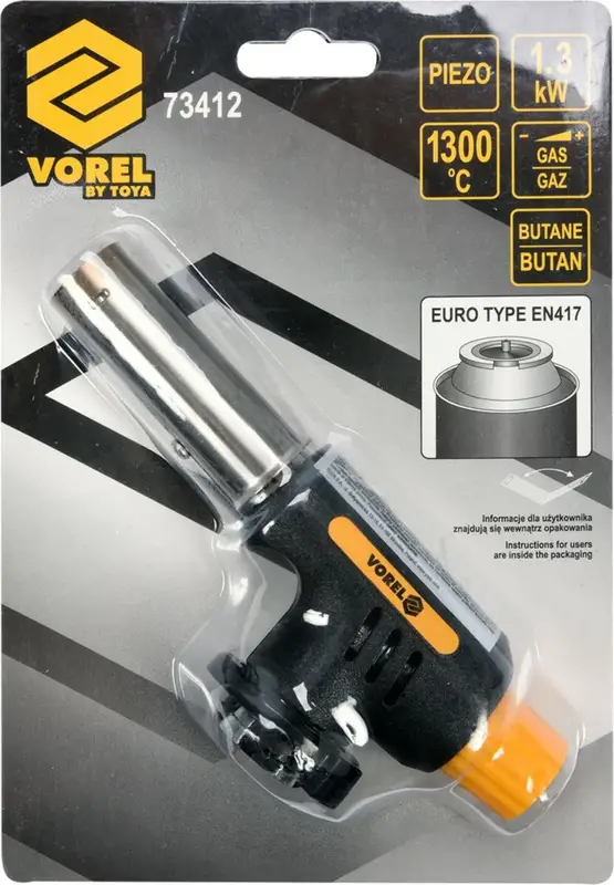 Пальник газовий VOREL з п`єзозапалом; тип з`єднання EN417 (цангове) макс. t=1300°C, P=1,3кВт [10/60] — Photo 3