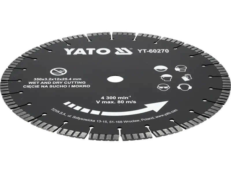Диск відрізний сегментний алмазний по бетону YATO Ø= 350/25,4x3.2 мм, в мокрому і сухому режимі [10]