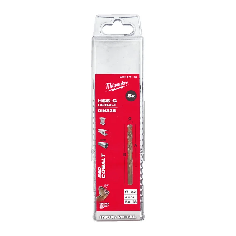 Свердло по металу HSS-Co MILWAUKEE, DIN338, Ø10,2х133х87мм, (5шт)