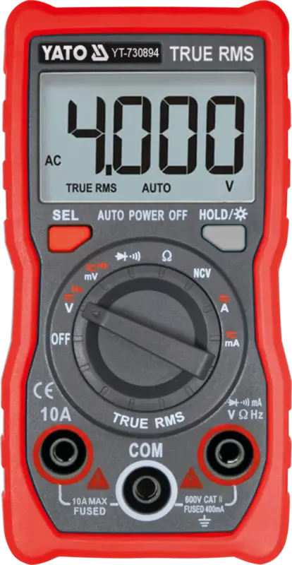 Мультиметр TRUE RMS електричних параметрів YATO з LCD-цифровим діапазоном 4000 від 2х1,5V;AA батар