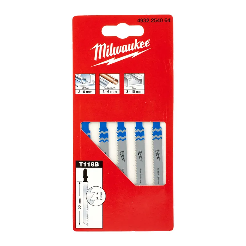 Полотна для лобзика T118B MILWAUKEE, 55мм/ крок зубу 2,0, (5шт), (універсальні)