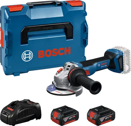 Акумуляторна бещіткова кутова шліфмашина Bosch GWS 18V-11 (2 акумулятори GBA 18V 5.0Ah + Професійний швидкозарядний пристрій GAL 1880 CV + L-BOXX 136) — Photo 1
