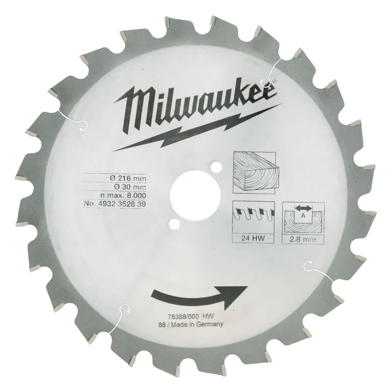 Диск пиляльний по дереву для торцювальних пил MILWAUKEE, діаметр 216х30х2,8мм, 24 зуб.