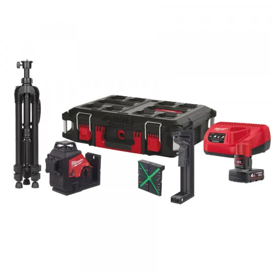 Нівелір лазерний акумуляторний 3D MILWAUKEE, M12 3PLSKIT-401P (ЗП+1ак.Х4Аг+обладнання+PACKOUT)