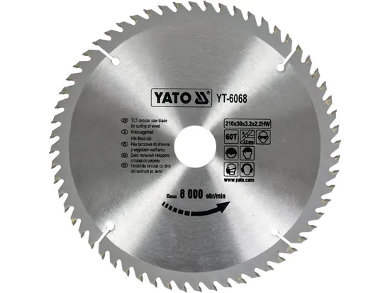 Диск пиляльний победітовий по дереву YATO: 210х30x3.2x2.2 мм, 60 зубців, R.P.M. до 8000 1/хв [10/20]