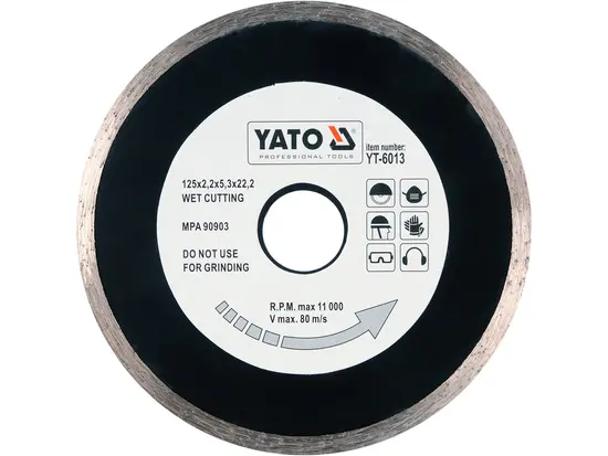 Диск алмазний суцільний YATO : Ø= 125x5,3x22,2 мм. H= 2,2 мм. для мокрої різки [20/160]