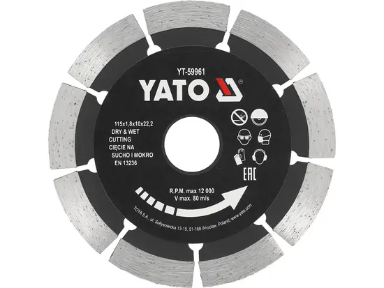 Диск відрізний алмазний по каменю і бетону YATO Ø=115x1.8x10x22.2 мм, в мокрому і сухому режимі [20]