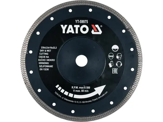 Диск відрізний алмазний по гресу, склу, кераміці YATO Ø=230x2x10x22.2 мм, в мокрому і сухому режимі