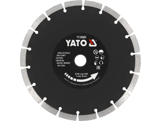 Диск відрізний алмазний по каменю і бетону YATO Ø=230x2.2x10x22.2 мм, в мокрому і сухому режимі [25]