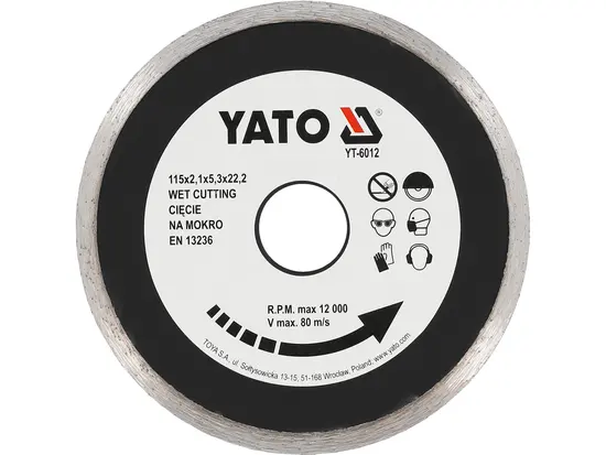 Диск алмазний суцільний YATO : Ø= 115x5,3x22,2 мм. H= 2,1 мм. для мокрої різки [20/200]