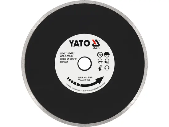 Диск алмазний суцільний YATO : Ø= 230x5,3x22,2 мм. H= 2,7 мм. для мокрої різки [10/40]