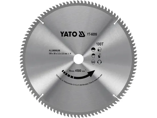 Диск пиляльний по алюмінію YATO : 350х30х3.2x2.5 мм, 100 зубців, R.P.M до 4500 1/хв [10]