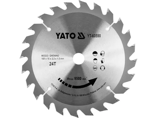 Диск пиляльний победітовий по дереву YATO: 165x16x2.2x1.5 мм, 24 зубці, R.P.M до 9500 1/хв [25/50]