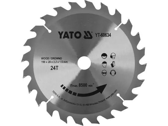 Диск пиляльний победітовий по дереву YATO: 190х20x2.2x1.5 мм, 24 зубці, R.P.M. до 7100 1/хв [10]